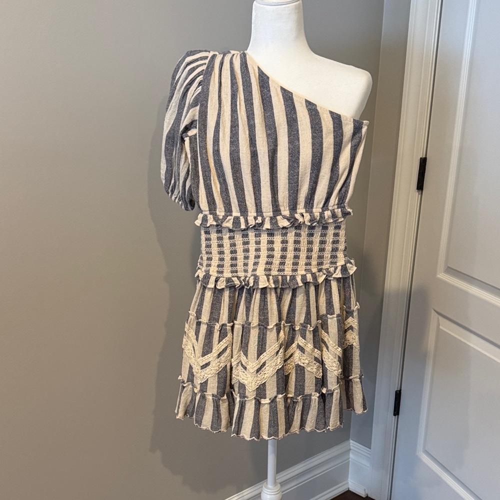Rococo Sand Navy and Cream One-Shoulder Dress